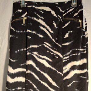 Michael Kors Black/White Zebra Print A-line Skirt with Gold Zipper front pockets